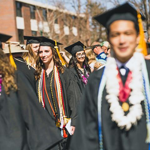 a crowd of bachelor's graduates wearing regalia at the Spring commencement ceremony on the Quad on the Northwest Denver campus